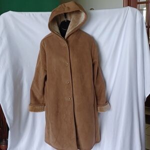FUDA Incredible vintage faux fur lined hooded suede look coat, super soft,